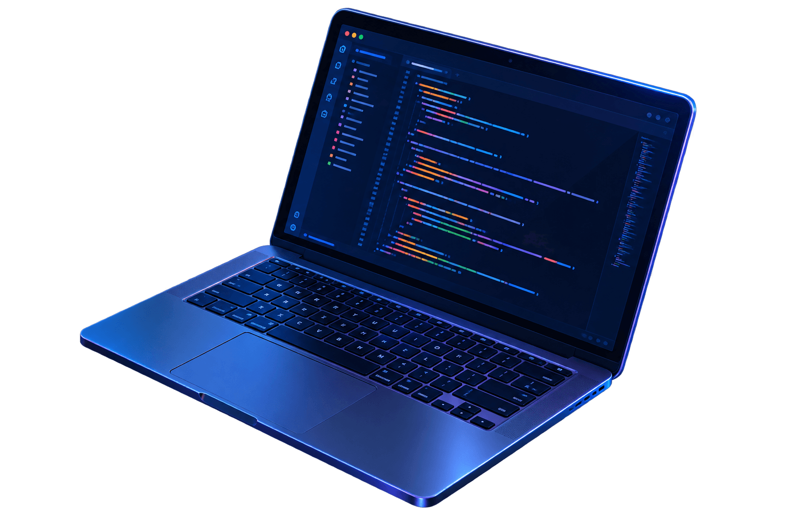 Laptop con editor di codice illuminato in blu